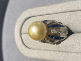 Light Golden South Sea Pearl Diamond and Sapphire Ring in 18k White Gold