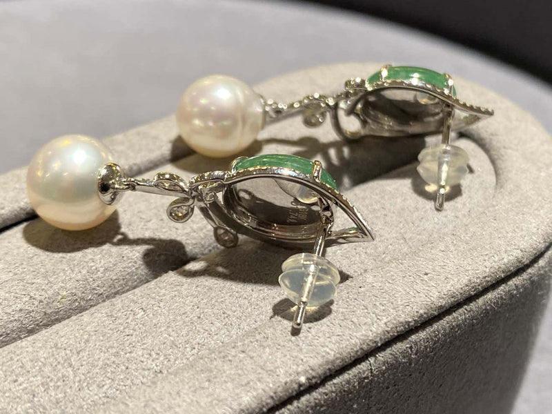 Eostre Type A Green Jadeite, South Sea Pearl and Diamond Earrings in 18k Gold