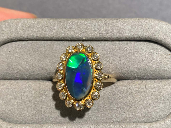 Eostre Solid Opal and Diamond Ring in 18k Yellow Gold