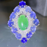 Eostre Type A Natural Green Jadeite, Star Sapphire and Diamond White Gold Ring