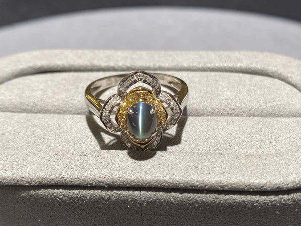 Alexandrite Cat's Eye and Diamond Ring in 18k White Gold