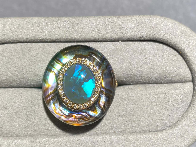 Eostre Solid Opal, Abalone Shell, Crystal and Diamond in 18k Yellow Gold