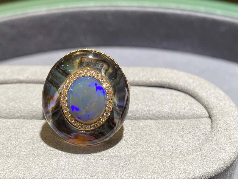 Eostre Solid Opal, Abalone Shell, Crystal and Diamond in 18k Yellow Gold