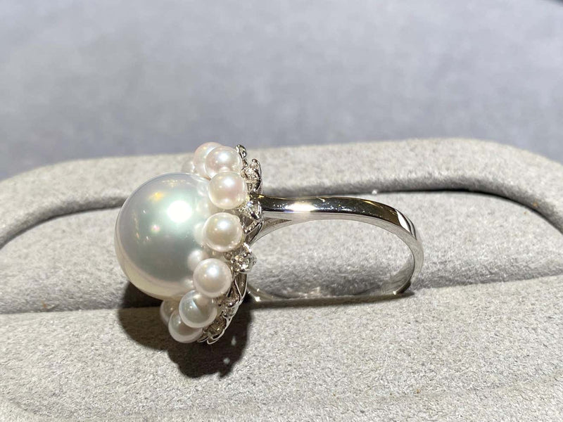 Australian South Sea Pearl, Seed Pearl and Diamond Ring in 18k White Gold