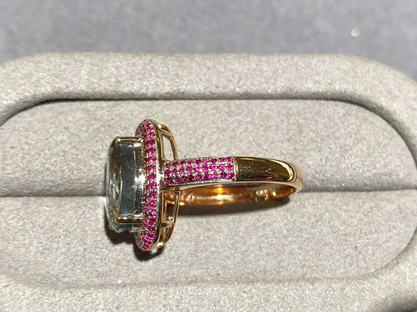 Eostre Aquamarine and Ruby Ring in 18k Rose Gold