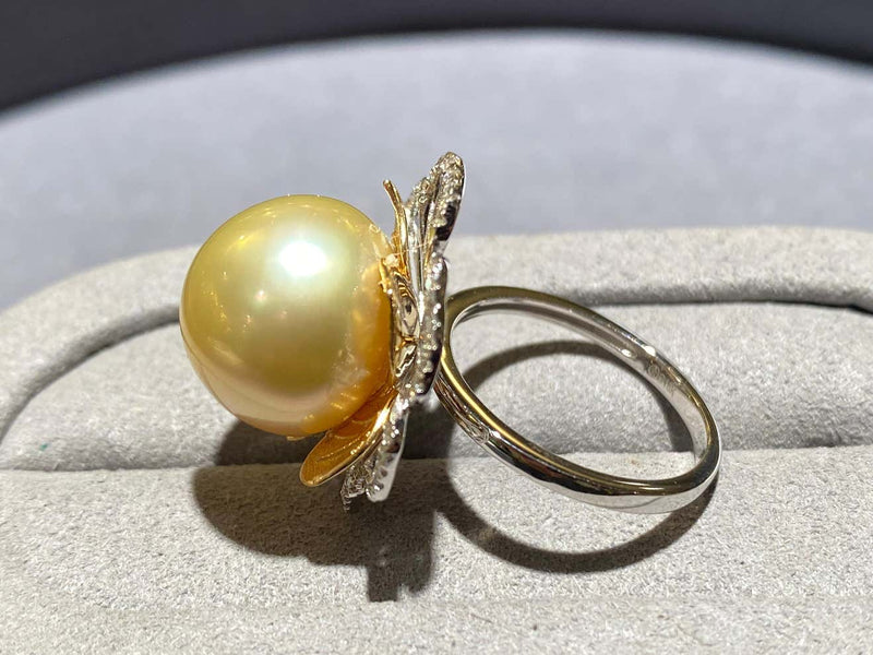 Champagne Colour South Sea Pearl and Diamond Ring in 18k Yellow and White Gold