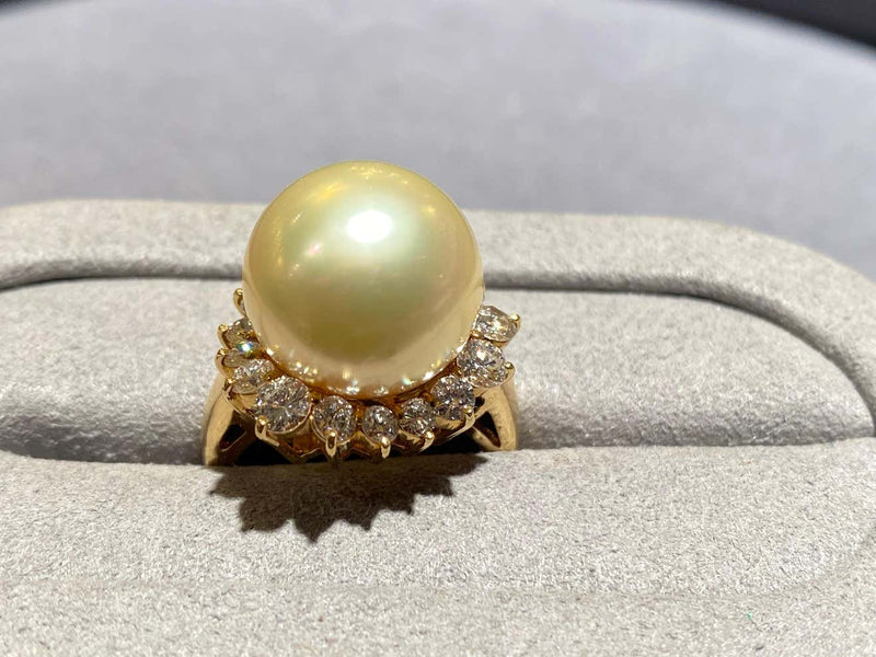 Light Champagne Colour South Sea Pearl and Diamond Ring in 18k Yellow Gold