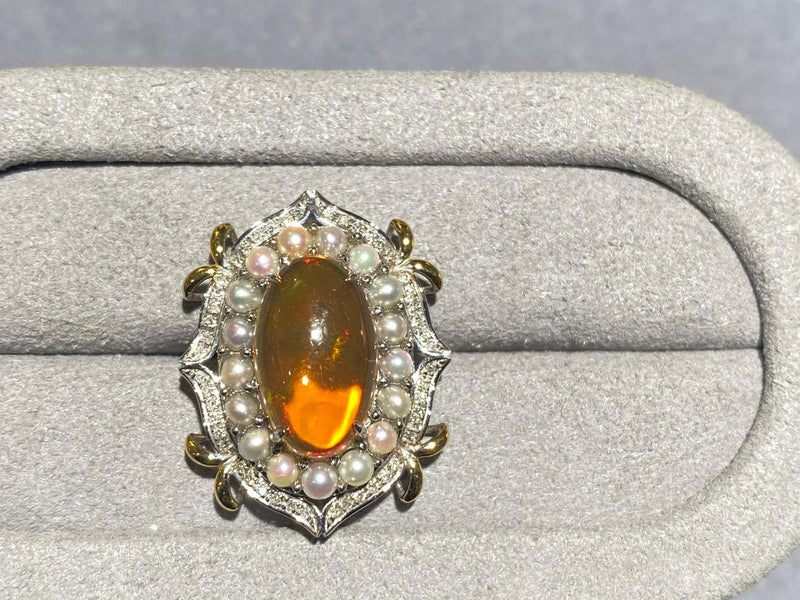 Fire Opal, Seed Pearl and Diamond Pendant in 18k White Gold