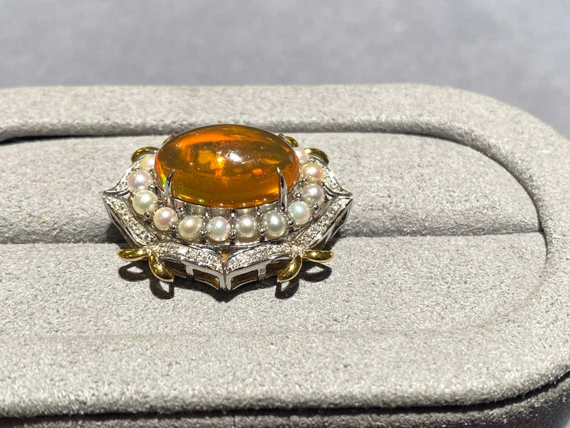 Fire Opal, Seed Pearl and Diamond Pendant in 18k White Gold