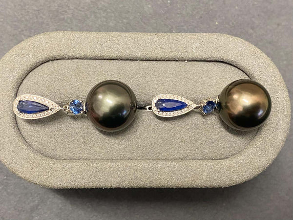 Eostre Tahitian Pearl, Blue Sapphire and Diamond Earrings in 18k White Gold