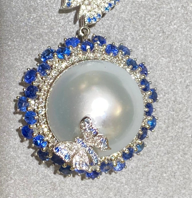 Eostre South Sea Pearl, Blue Sapphire and Diamond White Gold Pendant