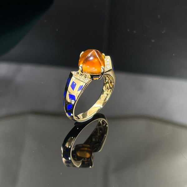 Eostre Fanta Garnet Sugar Loaf 4.68ct Lapis Lazuli and Diamond Yellow Gold Ring