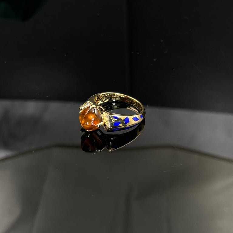 Eostre Fanta Garnet Sugar Loaf 4.68ct Lapis Lazuli and Diamond Yellow Gold Ring