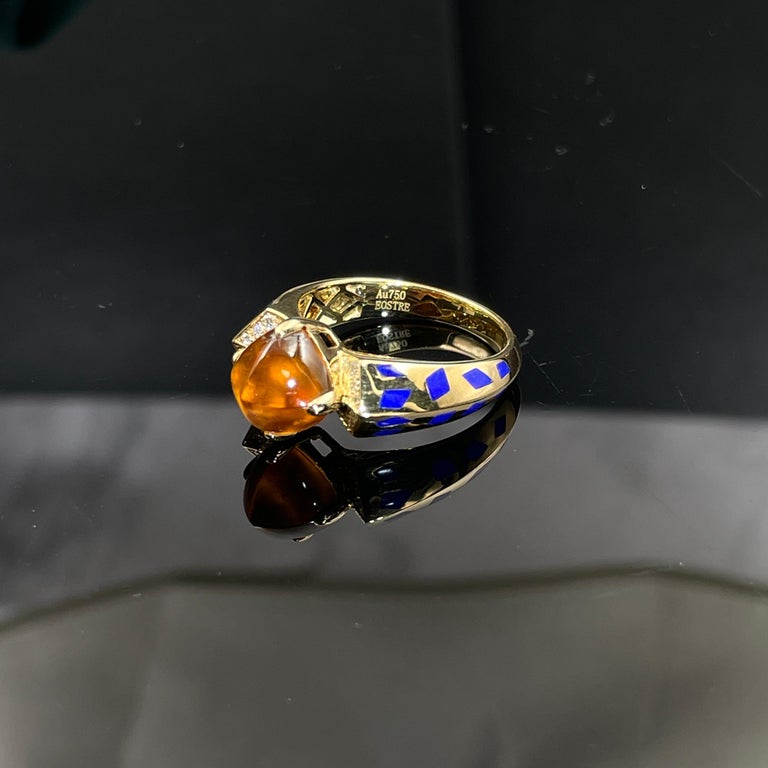 Eostre Fanta Garnet Sugar Loaf 4.68ct Lapis Lazuli and Diamond Yellow Gold Ring