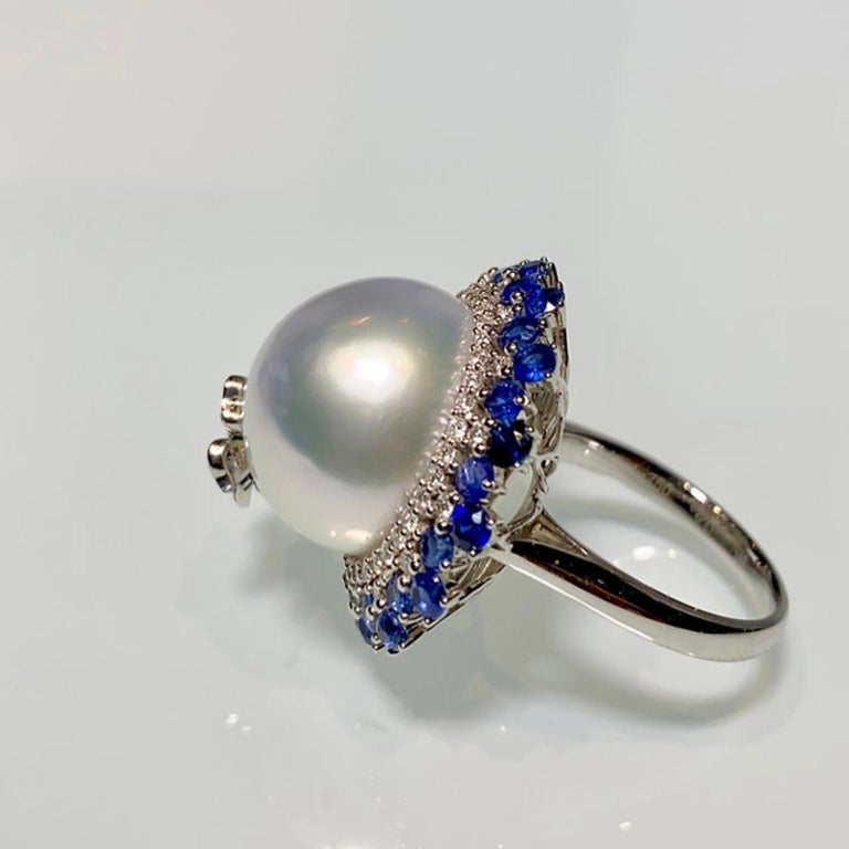 Eostre South Sea Pearl, Blue Sapphire and Diamond White Gold Ring