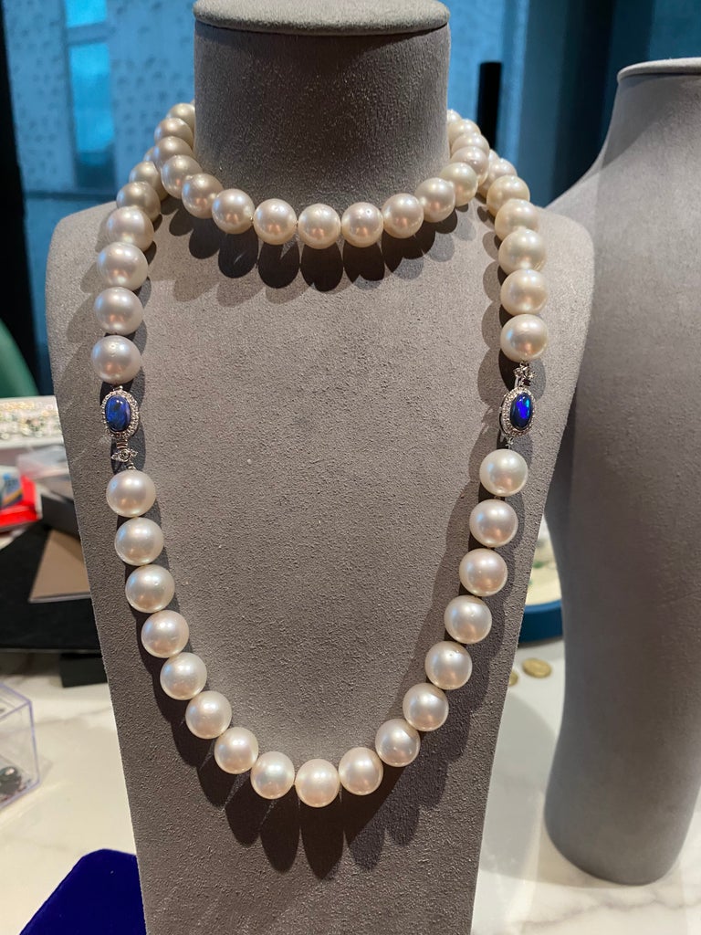 South Sea Pearl Necklace with Two Australian Solid Black Opal and Diamond Claps