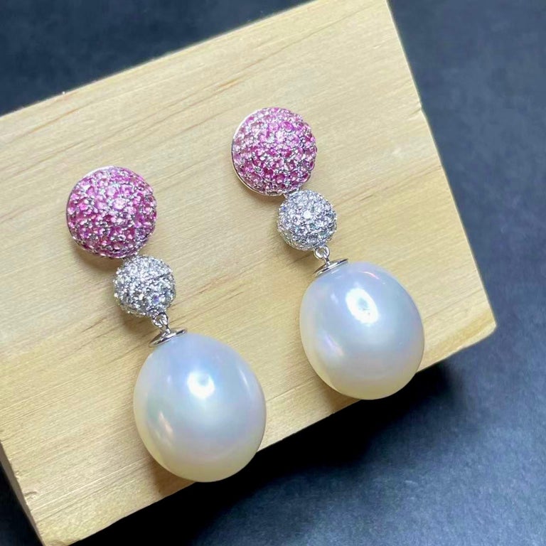 Eostre Pink Sapphire, Diamond and South Sea Pearl White Gold Earring