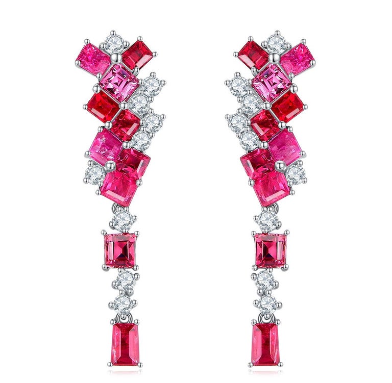 Eostre Neon Spinel Red and Hot Pink and Diamond White Gold Earring