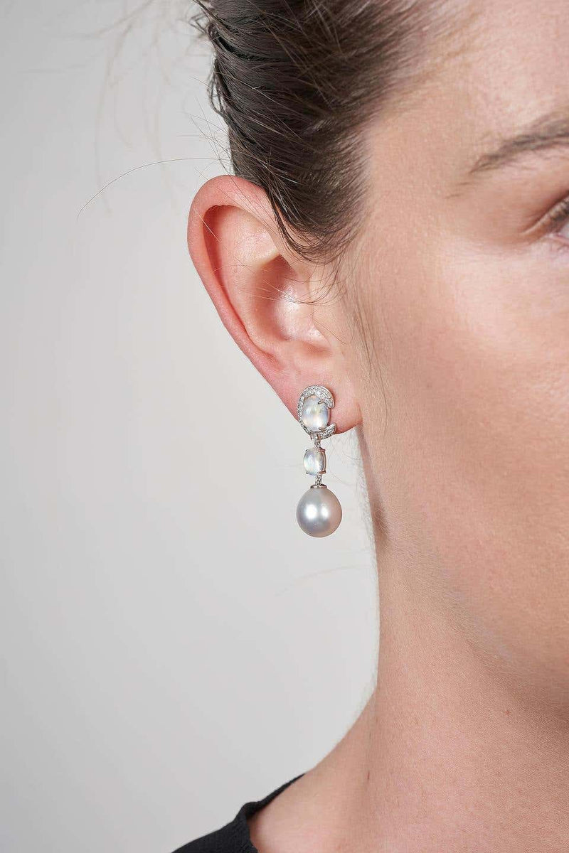 Eostre Moonstone, White South Sea Pearl and Diamond Earring in 18K Gold