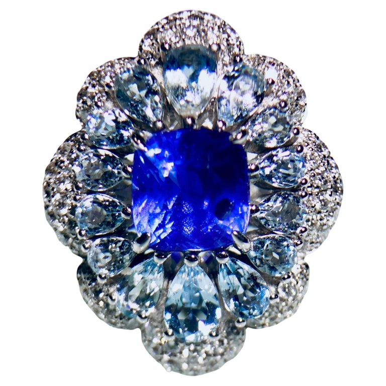2.13CT Unheated Sapphire, Aquamarine and Diamond Ring in 18k Gold