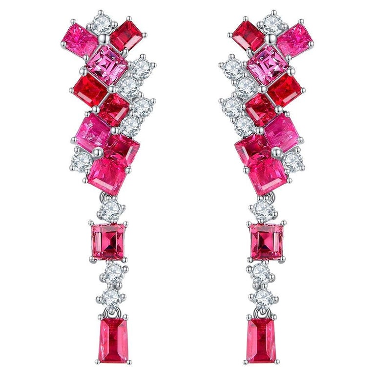 Eostre Neon Spinel Red and Hot Pink and Diamond White Gold Earring