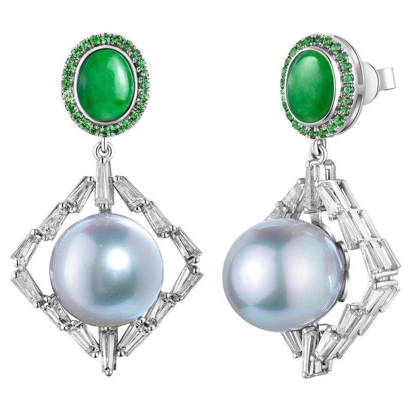 Eostre Jadeite, South Sea Pearl, Tsavorite and Diamond 18K White Gold Earring