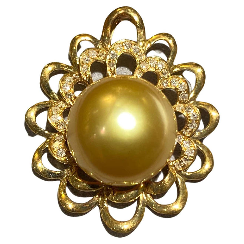Deep Golden Colour South Sea Pearl and Diamond Pendant in 18k Yellow Gold