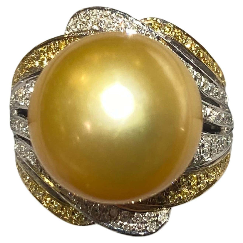 Golden Colour South Sea Pearl and Diamond Ring in 18k White Gold