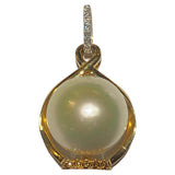 Light Champagne Colour South Sea Pearl and Diamond Pendant in 18k Yellow Gold