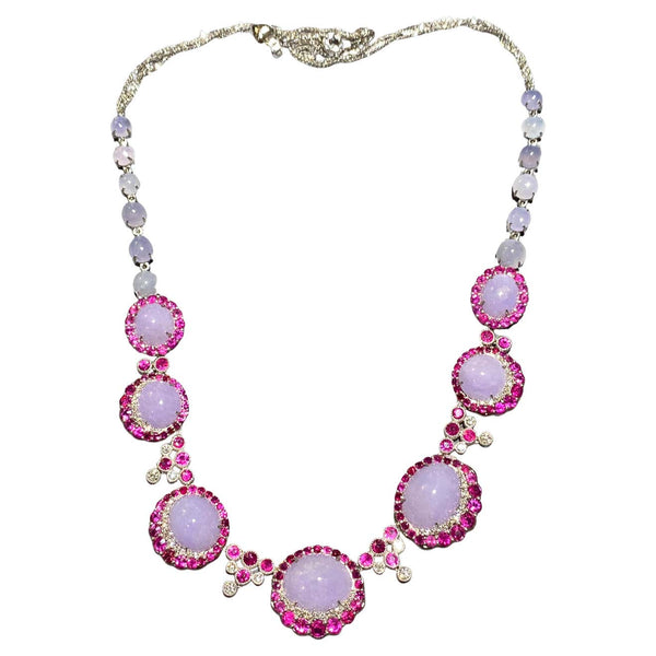 Eostre Type A Lavender Jadeite, Ruby and Diamond Necklace in 18k White Gold