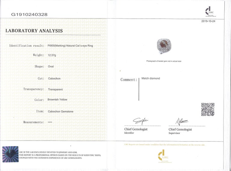 4.2 Ct Cat's Eye Chrysoberyl and Diamond Cocktail Ring in Pt 900 Platinum
